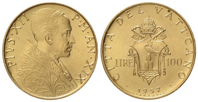 Vaticano. Pio XII (1939-1958). 100 Lire 1957. Au (5,23 G; 20,6 MM)