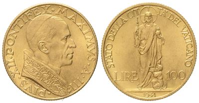 Vaticano. Pio XII (1939-1958). 100 Lire 1941. Au (5,19 G; 20,4 MM)