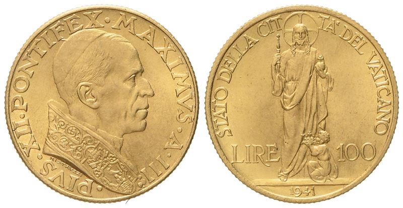 Vaticano. Pio XII (1939-1958). 100 Lire 1941. Au (5,19 G; 20,4 MM)