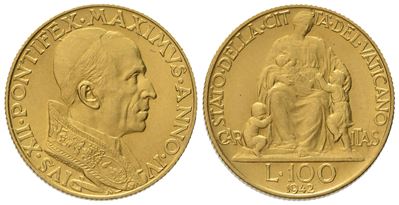 Vaticano. Pio XII (1939-1958). 100 Lire 1942. Au (5,22 G; 20,5 MM)