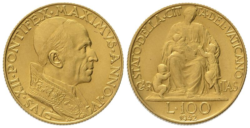Vaticano. Pio XII (1939-1958). 100 Lire 1942. Au (5,22 G; 20,5 MM)