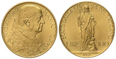 Vaticano. Pio XI (1929-1938). 100 Lire 1931. Au (8,77 G; 23,5 MM)