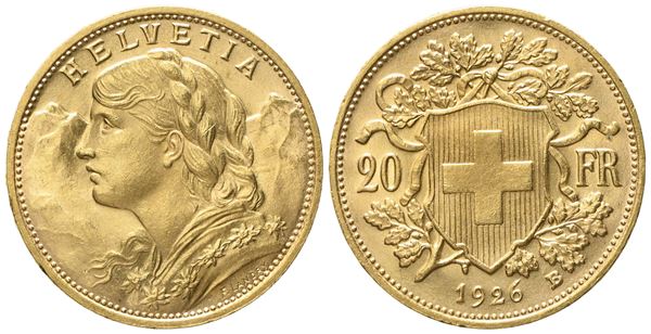 SVIZZERA. 20 franchi 1926 B. Au (6,54 g; 20,8 mm)  - Asta Monete e medaglie medievali e moderne italiane ed estere - Bertolami Fine Art - Casa d'Aste