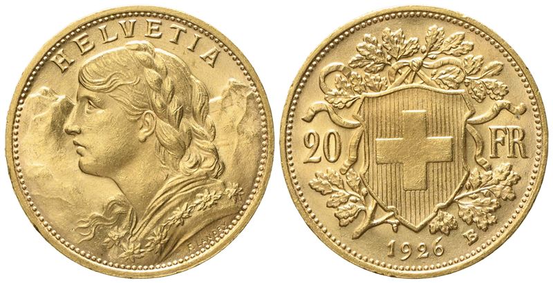 Svizzera. 20 Franchi 1926 B. Au (6,54 G; 20,8 MM)