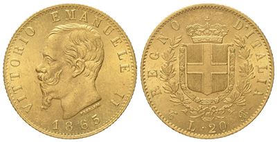 Regno D'italia. Torino. Vittorio Emanuele II (1861-1878). 20 Lire 1865. Au (6,44 G; 20,9 MM)