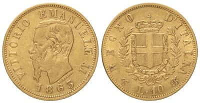 Regno D'italia. Torino. Vittorio Emanuele II (1861-1878). 10 Lire 1863. Au (3,18 G; 18,5 MM)