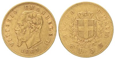 Regno D'italia. Torino. Vittorio Emanuele II (1861-1878). 5 Lire 1863. Au (1,57 G; 16,9 MM)