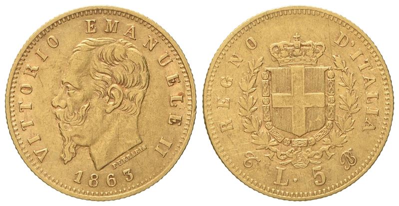 Regno D'italia. Torino. Vittorio Emanuele II (1861-1878). 5 Lire 1863. Au (1,57 G; 16,9 MM)