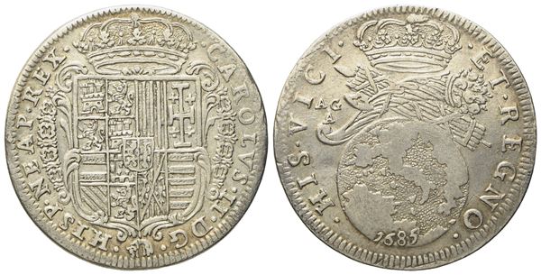 NAPOLI. Regno di Napoli. Carlo II di Spagna (1665-1700). Tarì da 20 grana 1685. Ag (5,55 g; 26,3 mm)  - Asta Monete e medaglie medievali e moderne italiane ed estere - Bertolami Fine Art - Casa d'Aste