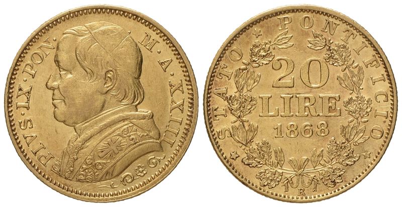 Stato Pontificio. Roma. Pio IX (1846-1870). 20 Lire 1868 XXIII. Au (6,42 G; 21,3 MM)