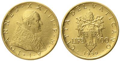 Vaticano. Giovanni XXIII (1958-1963). 100 Lire 1959. Au (5,18 G; 20,6 MM)