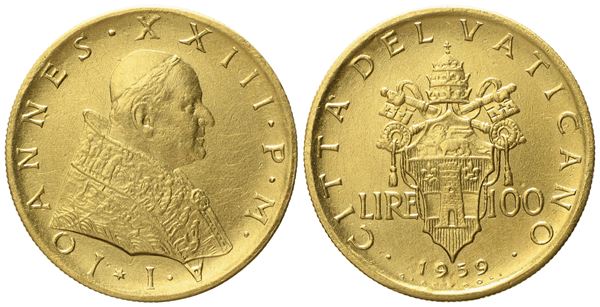 VATICANO. Giovanni XXIII (1958-1963). 100 lire 1959. Au (5,18 g; 20,6 mm)