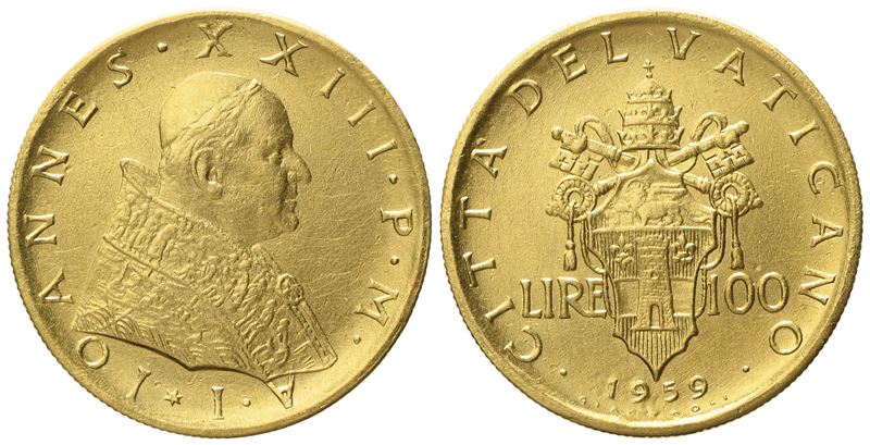 Vaticano. Giovanni XXIII (1958-1963). 100 Lire 1959. Au (5,18 G; 20,6 MM)