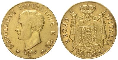 Milano. Regno D'italia. Napoleone i (1805-1814). 40 Lire 1808 - i Tipo. Au (12,84 G; 26,3 MM)