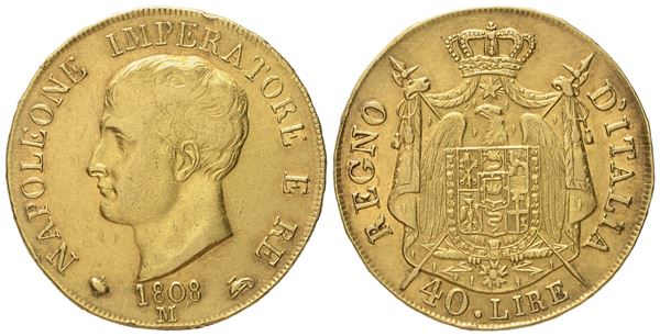 MILANO. Regno d'Italia. Napoleone I (1805-1814). 40 lire 1808 - I tipo. Au (12,84 g; 26,3 mm)