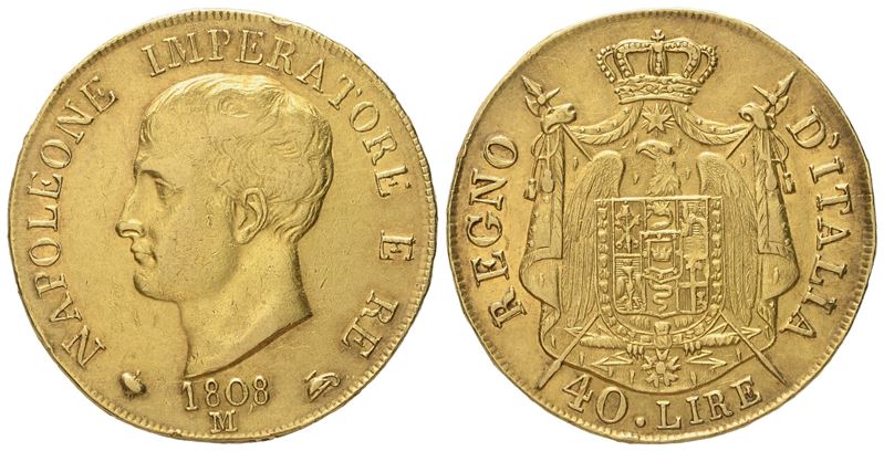 Milano. Regno D'italia. Napoleone i (1805-1814). 40 Lire 1808 - i Tipo. Au (12,84 G; 26,3 MM)