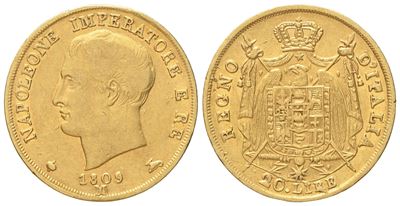 Milano. Regno D'italia. Napoleone i (1805-1814). 20 Lire 1809. Au (6,4 G; 20,9 MM)