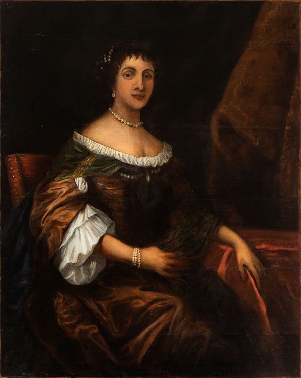 Artista attivo a Roma, XVIII secolo - Portrait of a noblewoman with pearl necklace and bracelet