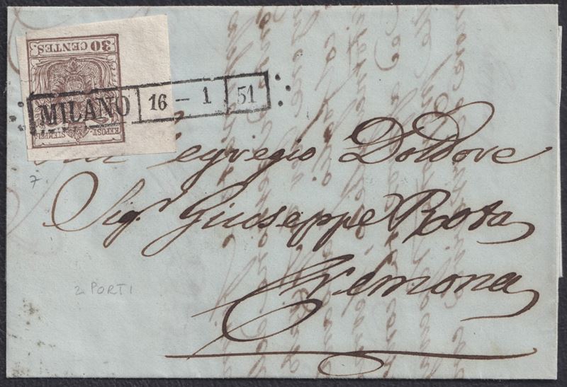 Lombardo-Veneto, Storia postale. 16.01.1851, lettera da Milano per Cremona affrancata con 30 cent...