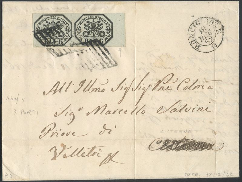 Storia postale pontificia, Lettera da Sutri a Velletri del 18 dicembre 1862 affrancata 12 baj