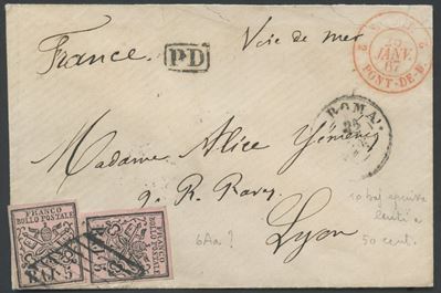 Francobolli, 25.01.1867: busta postale Roma–Lione affrancata 10 baj con due valori da 5b