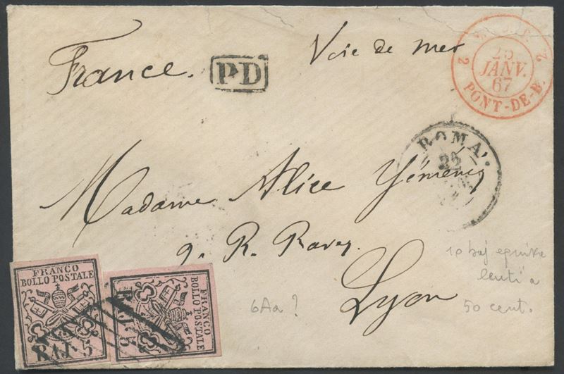 Francobolli, 25.01.1867: busta postale Roma–Lione affrancata 10 baj con due valori da 5b