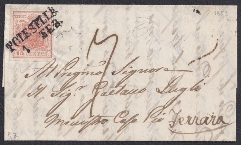 Lombardo-Veneto, 01.02.1852 – Lettera postale da Polesella per Ferrara con affrancatura da 15 cen...