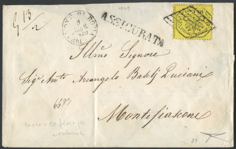 Storia postale pontificia, busta assicurata 5 marzo 1869 (affrancatura 40 cent. giallo limone n. ...