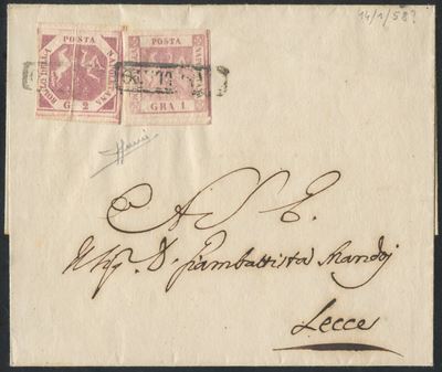 Sorani, Napoli—Storia postale: busta da Napoli per Lecce, affrancatura 14.01.1858 con 1 gr. rosa ...