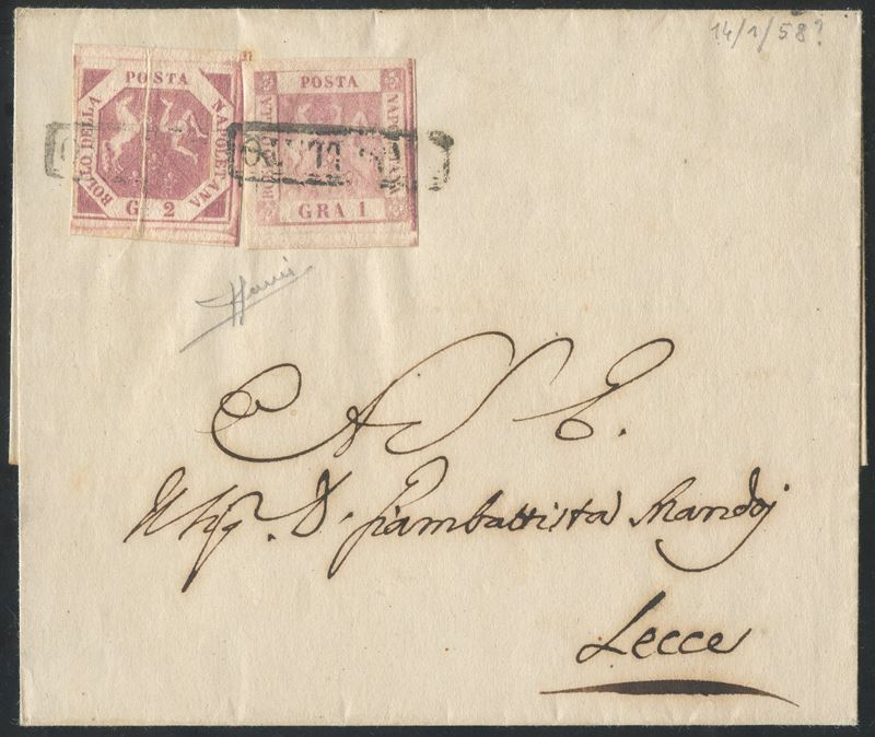Sorani, Napoli—Storia postale: busta da Napoli per Lecce, affrancatura 14.01.1858 con 1 gr. rosa ...