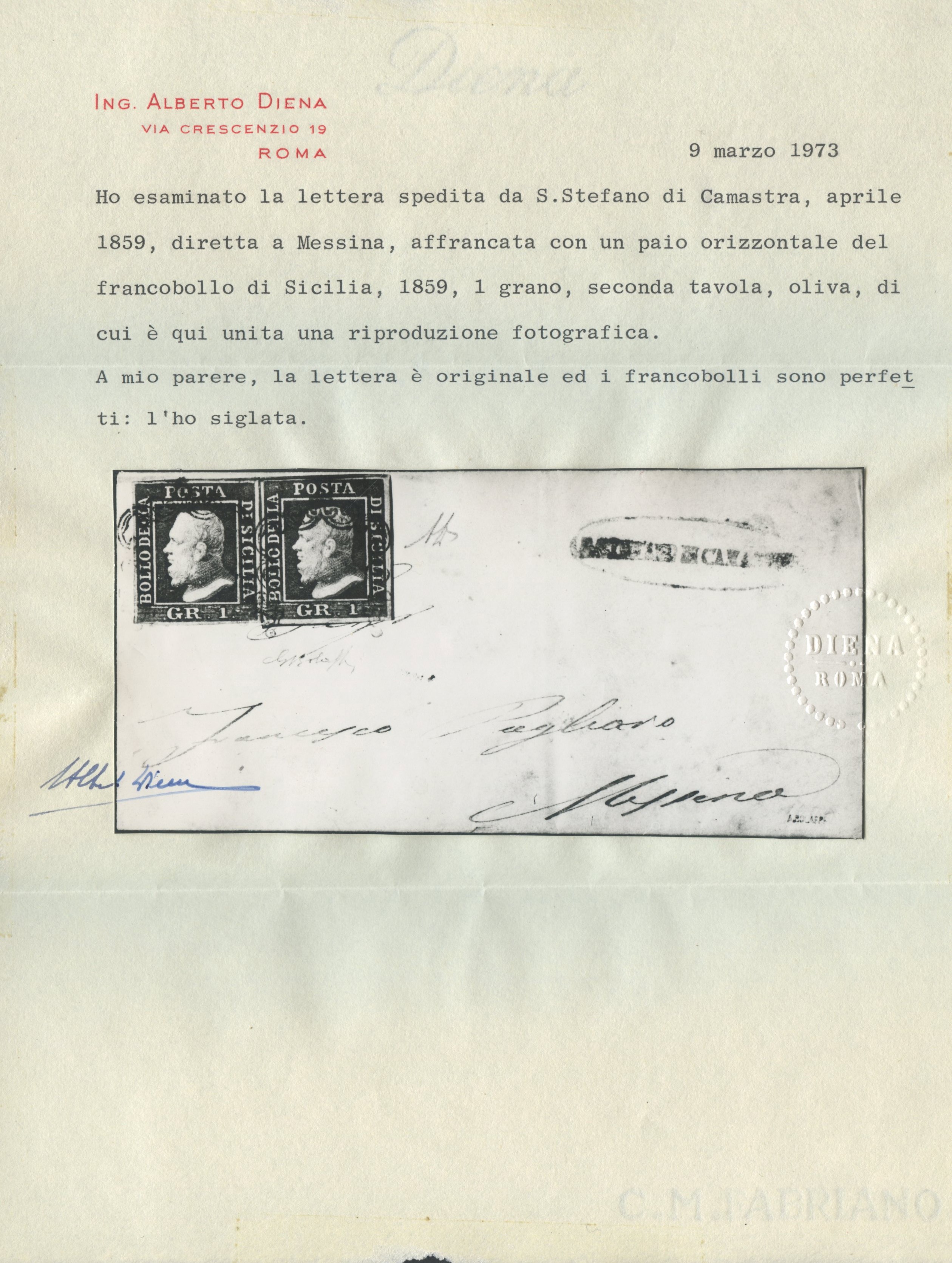 Francofole d’epoca siciliane, Busta postale S. Stefano di Camastra per Messina (1859)