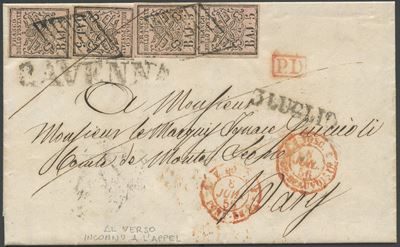 Pontificio, Lettera da Ravenna a Parigi (1858) con affrancatura per 20 baj tramite quattro valori...