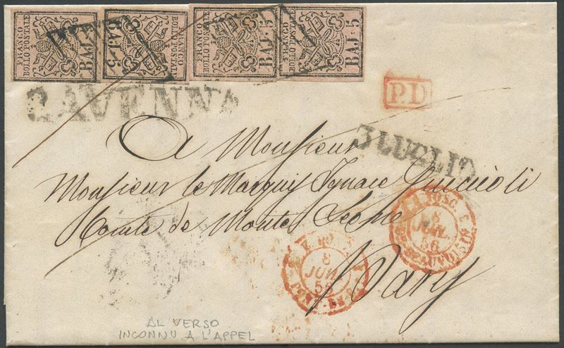 Pontificio, Lettera da Ravenna a Parigi (1858) con affrancatura per 20 baj tramite quattro valori...
