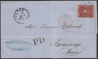 Enzo Diena, 6 aprile 1861 — Lettera da Livorno per la Francia affrancata con 40 cent. (linea di r...