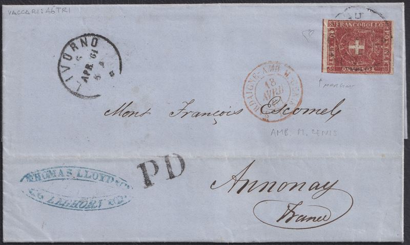 Enzo Diena, 6 aprile 1861 — Lettera da Livorno per la Francia affrancata con 40 cent. (linea di r...