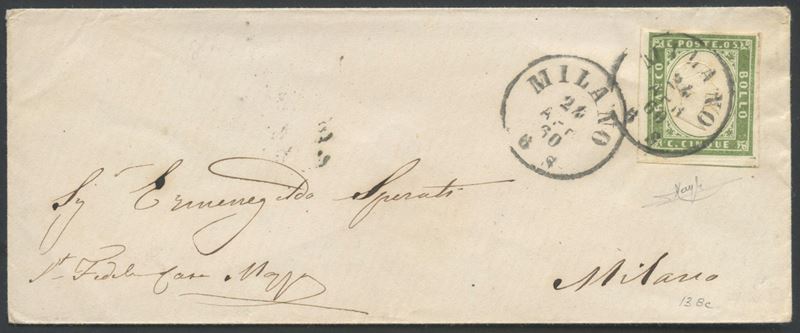 Raybaudi, Sardegna – Storia postale: busta Milano per Città affrancata 5 cent. verde oliva n. 13B...