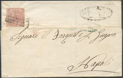 Francobolli, Busta postale Viesti–Napoli del 1858 affrancata con 2 gr rosa chiaro (n. 7b)