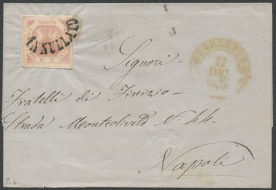 Raybaudi, Svolazzo “2gr” rosa chiaro n. 7b su busta Barletta–Napoli (17.12.1860)