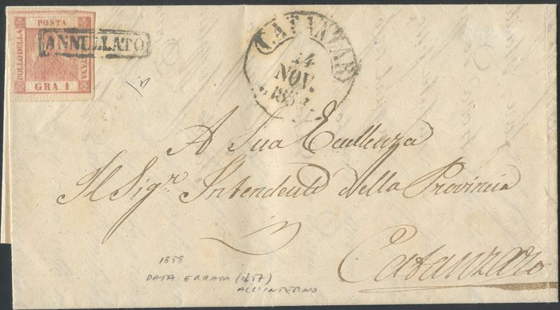 Enzo Diena, Napoli – Storia postale: lettera da Catanzaro con francobollo da 1 gr. rosa carminio ...