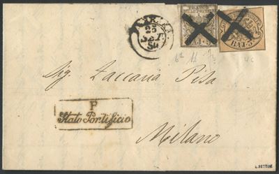 Alberto Diena, Pontificio. Storia postale: lettera 25.09.1854 Ferrara–Milano con affrancatura da ...