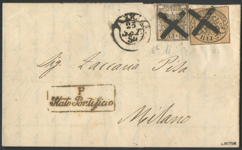 Alberto Diena, Pontificio. Storia postale: lettera 25.09.1854 Ferrara–Milano con affrancatura da ...