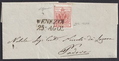 Gazzi, Lettera dal Lombardo-Veneto, Venezia–Padova, 15 cent. rosso carminio (I tiratura n. 3b)