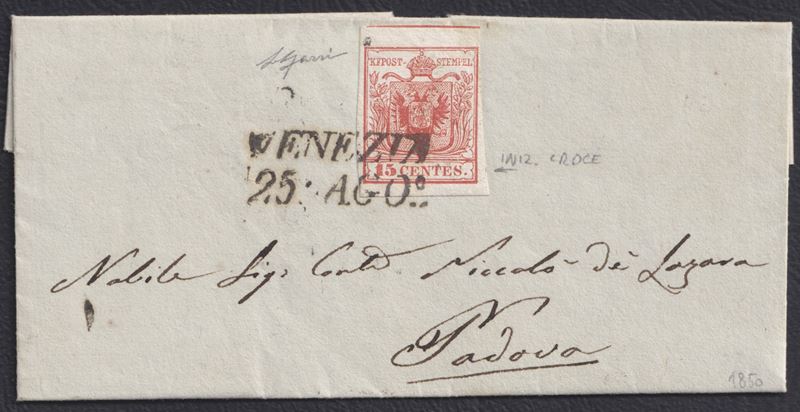 Gazzi, Lettera dal Lombardo-Veneto, Venezia–Padova, 15 cent. rosso carminio (I tiratura n. 3b)