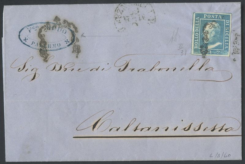 Alberto Diena, Sicilia: storia postale, busta Palermo–Caltanissetta (1858)