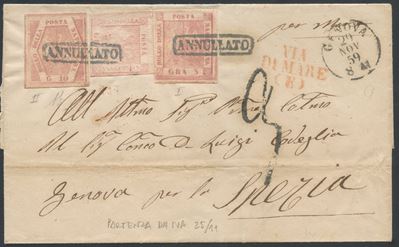 Alberto Diena, Napoli - Storia postale: busta del 25/11/1859 con affrancatura tricolore da 16 gr ...