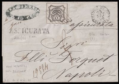 Pontificio, busta postale assicurata da Roma per Napoli (25.09.1866) con affrancatura 8b bianco n...