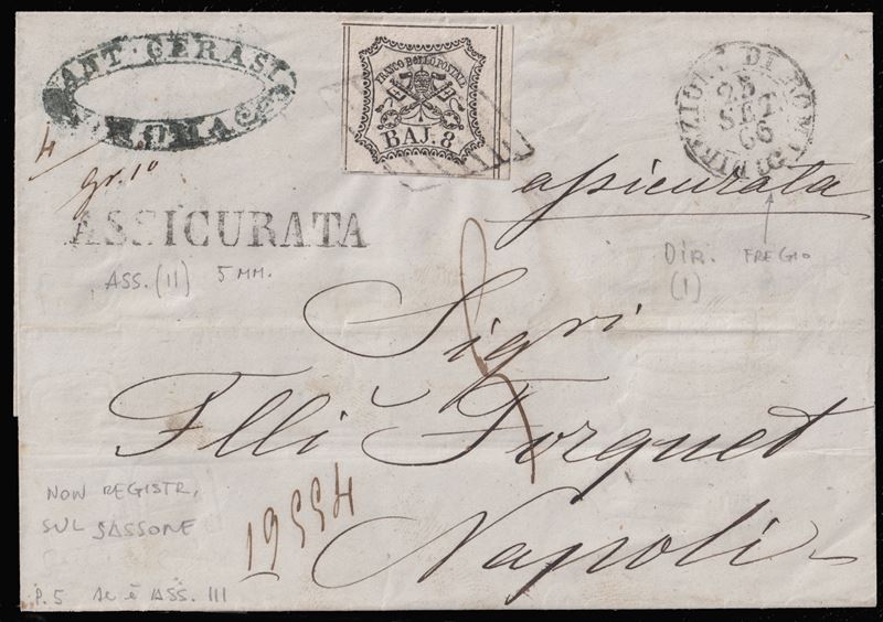 Pontificio, busta postale assicurata da Roma per Napoli (25.09.1866) con affrancatura 8b bianco n...