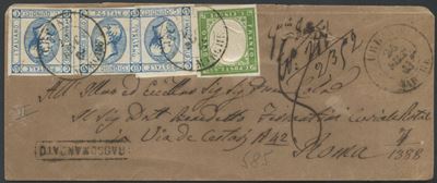 Francobolli, 26.09.1863: Affrancatura mista da Urbino per Roma (50 centesimi) su busta raccomanda...