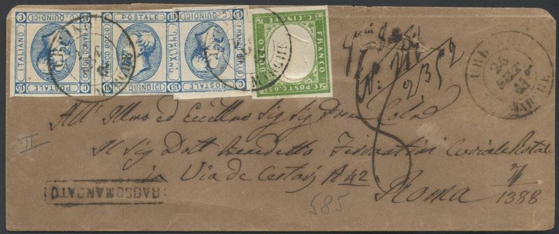 Francobolli, 26.09.1863: Affrancatura mista da Urbino per Roma (50 centesimi) su busta raccomanda...