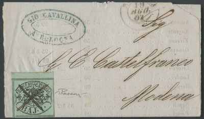 Vaccari, Lettera postale del 19.08.1859 Bologna–Modena con 1 b. verde azzurro (n. 2a) annullato a...